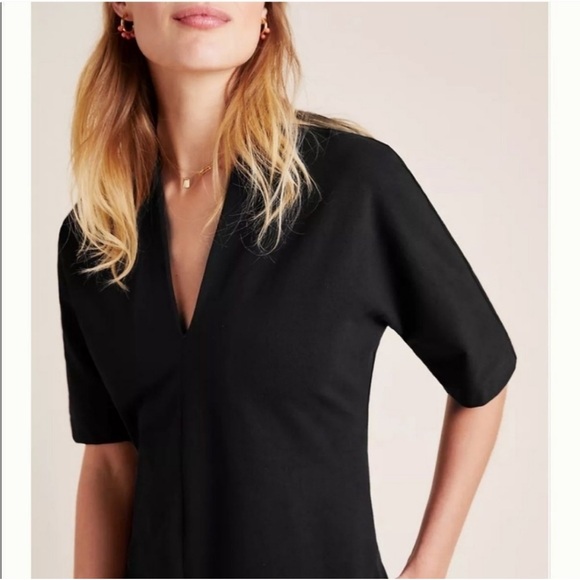 Velvet Black A-Line Midi Dress V-Neck Short Sleeve - Picture 3 of 11